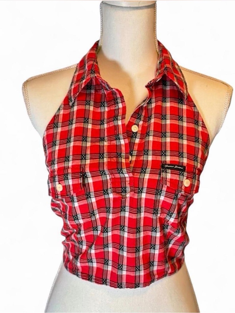 Vtg 90s Guess Jeans Western Plaid Backless Tie Button Halter Crop Top Size M
